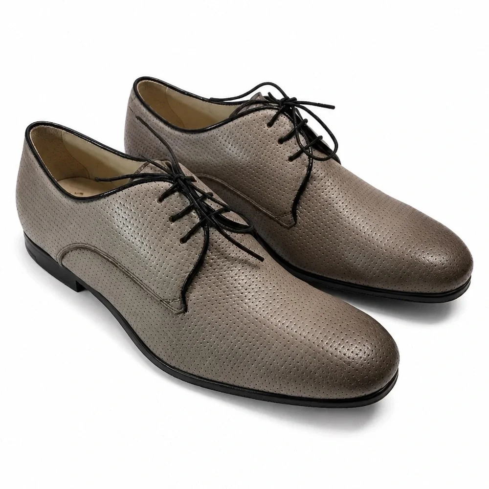 Doucal's Men’s Taupe Perforated Soft Leather Comfort Derby Shoes with Black Trim